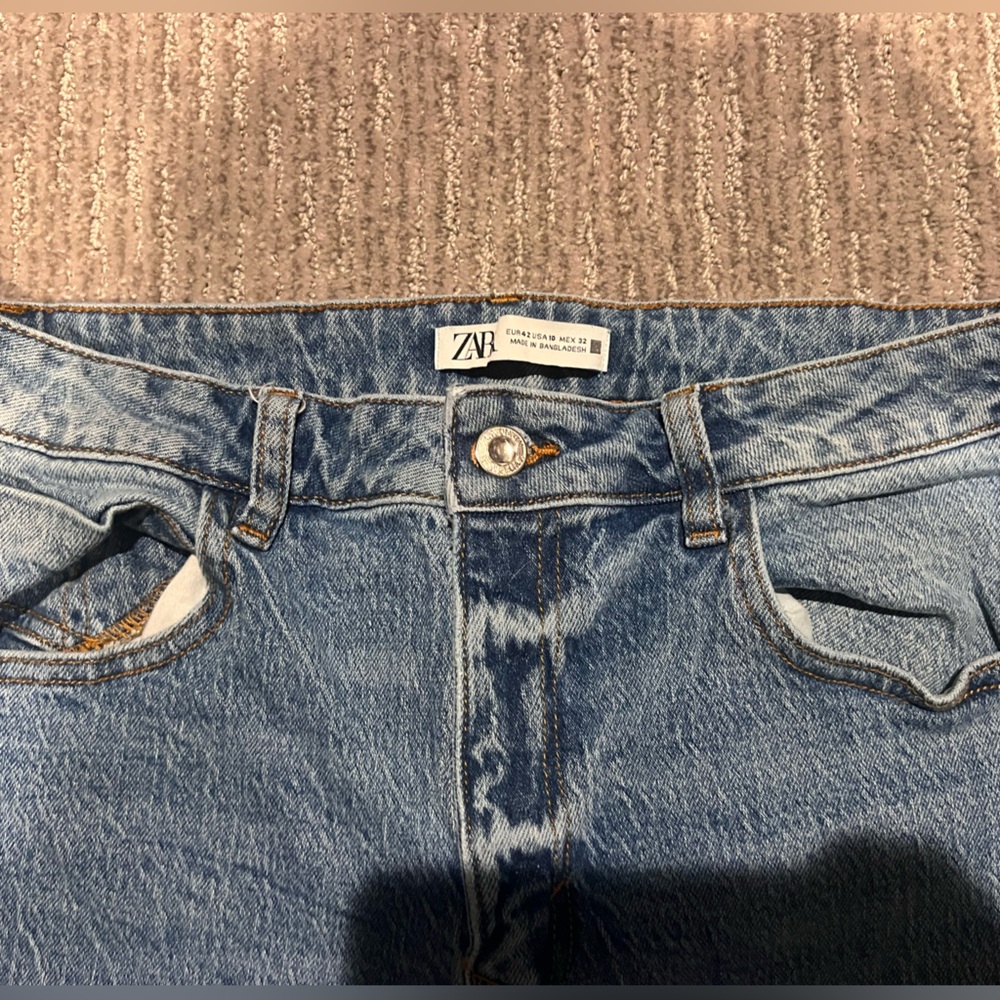 Zara Blue Flare Wide Leg Jeans Distressed Casual - Picture 4 of 4